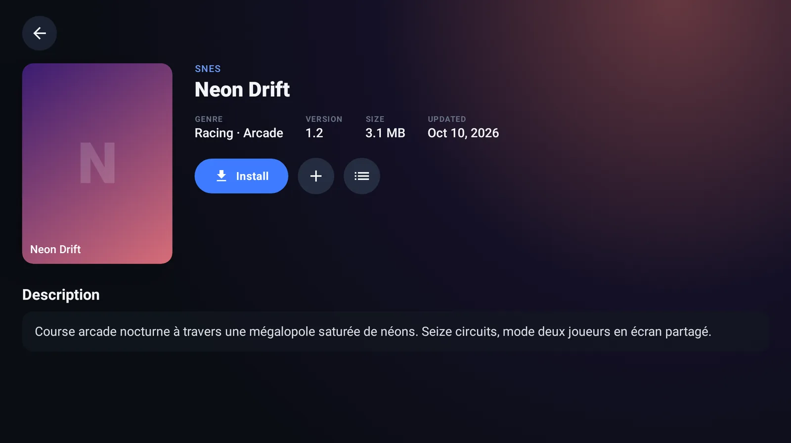 A game page with its details and the Install button