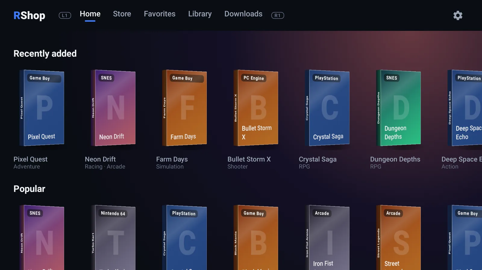 RShop home screen: shelves of 3D game boxes under a tab bar