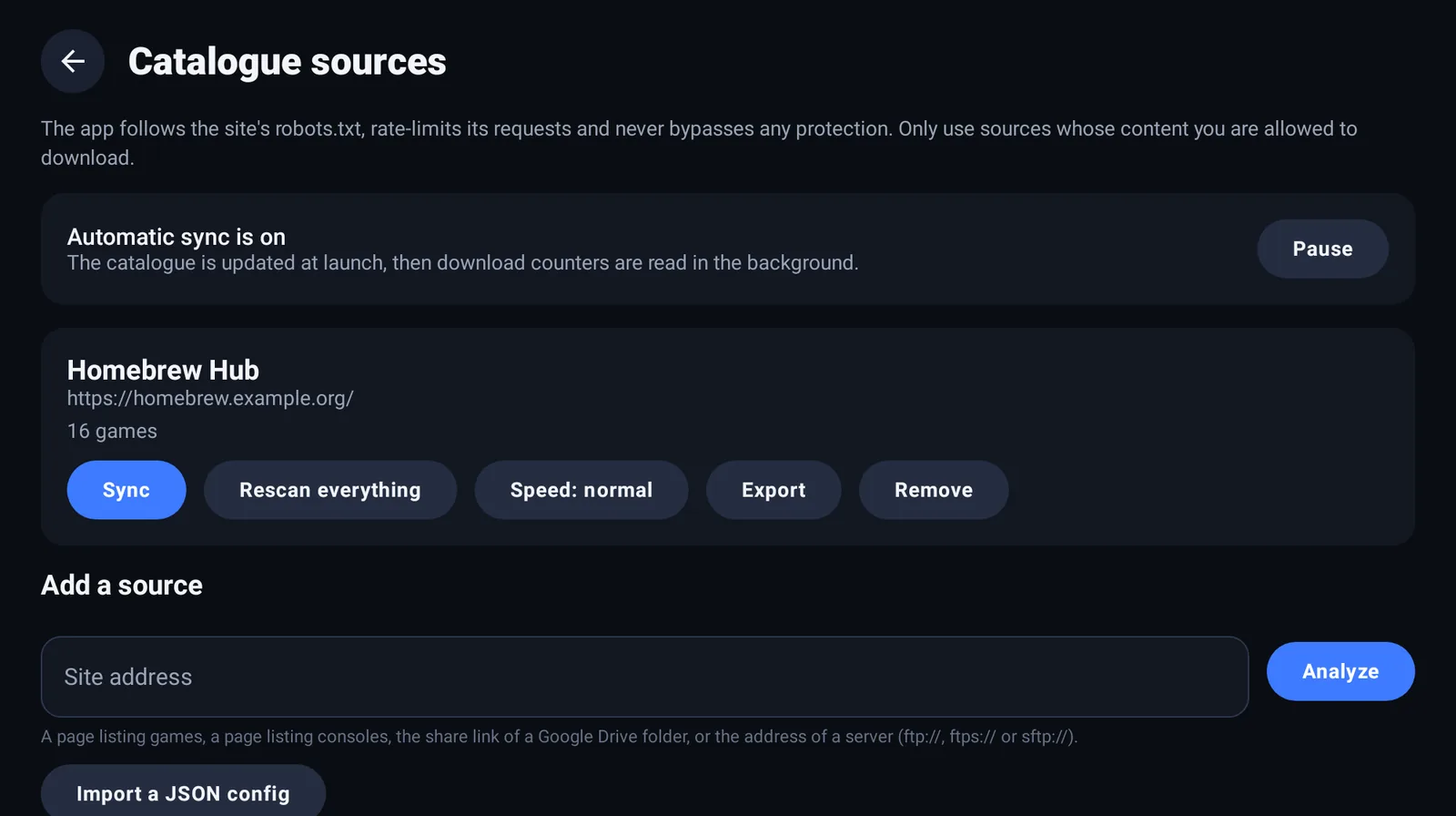 The sources screen, with sync status for each source